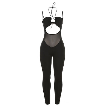 Pantalones de una pieza de punto ajustados de cintura alta con cuello halter transparente y aberturas sexys para mujer de verano