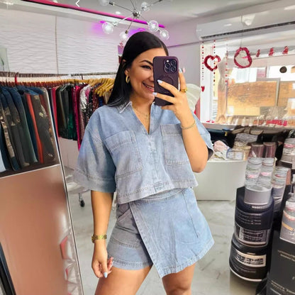 Conjunto de dos piezas formado por camisa polo de manga corta y pantalón asimétrico irregular, estilo vaquero informal y cómodo para mujer, para verano, holgado y adelgazante