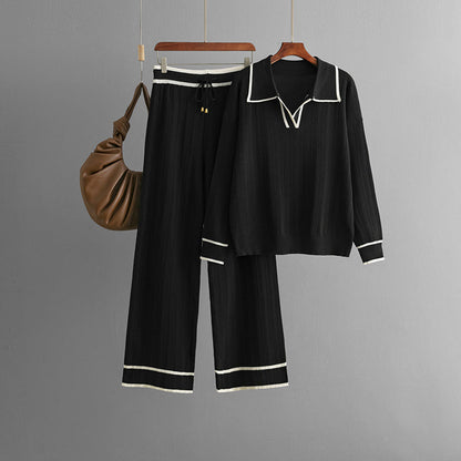 Conjunto informal de dos piezas de punto adelgazante con cintura alta y cuello polo de color contrastante para otoño e invierno