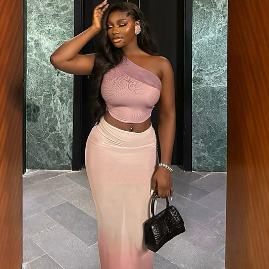 Fresh Women Clothing Cropped Sheath Tight Gradient Color Skirt Set Diagonal Collar Micro Transparent Dress Two Piece Set