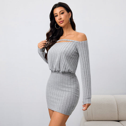 Vestido corto ajustado con hombros descubiertos y cuello en V para mujer, ropa de otoño e invierno