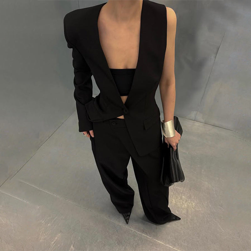 Personalized Set Women Spring Summer Street Irregular Asymmetric Top High Waist Wide Leg Pants Two Piece Sets