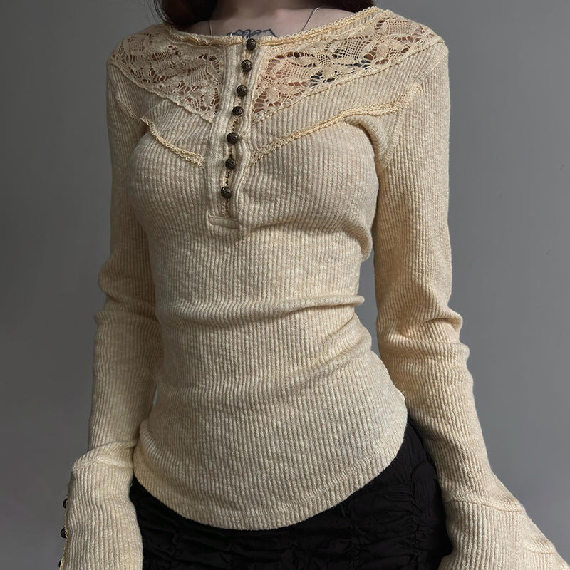 Camiseta de manga larga ajustada con cuello redondo y pespunte de encaje para mujer, ropa de otoño e invierno