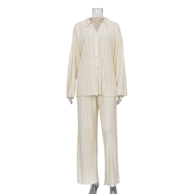 Conjunto informal de dos piezas de pantalones rectos lisos de otoño para mujer, ropa occidental, camisa plisada y pantalones