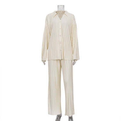 Conjunto informal de dos piezas de pantalones rectos lisos de otoño para mujer, ropa occidental, camisa plisada y pantalones