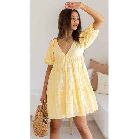 Vestido mini informal con escote en V y mangas abullonadas para mujer, primavera y verano