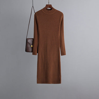 Vestido de punto con cuello alto y manga larga para mujer, prenda exterior de otoño e invierno, fino, por encima de la rodilla, largo medio, moderno