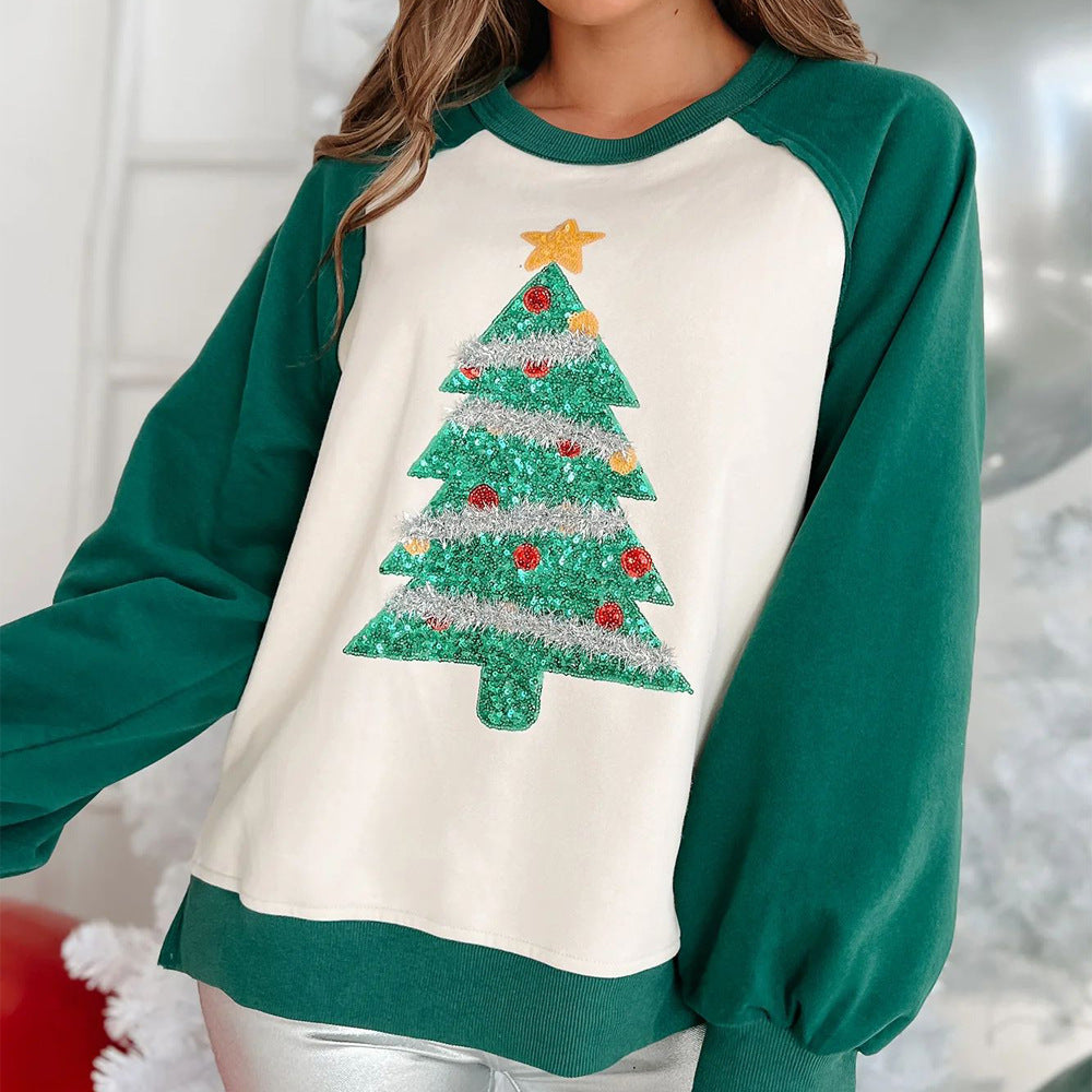 Sudadera con capucha y lentejuelas cepilladas de árbol de Navidad para mujer, jersey de manga larga, top holgado para otoño e invierno.