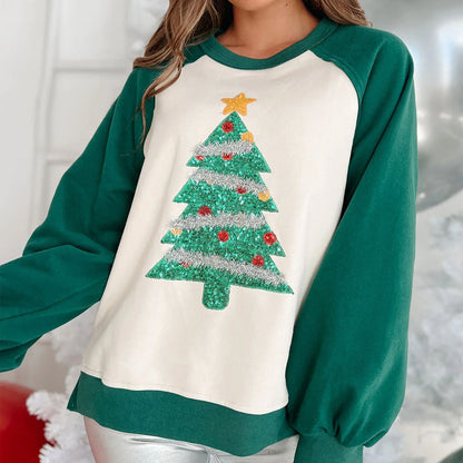 Sudadera con capucha y lentejuelas cepilladas de árbol de Navidad para mujer, jersey de manga larga, top holgado para otoño e invierno.