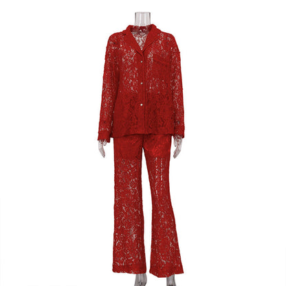 Conjunto de dos piezas de encaje transparente para mujer, sexy, cuello polo, camisa, pantalones, traje