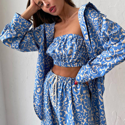 Conjuntos de camisa de manga larga y pantalones de cintura alta con estampado de principios de otoño para mujer