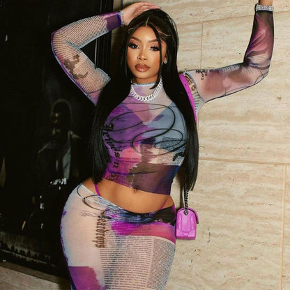 Traje de malla transparente sexy con cuello redondo y estampado de mangas largas, top corto, falda ajustada de dos piezas para mujer