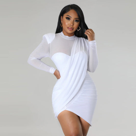 Women Mesh Stitching See-through Patch Waist Dress