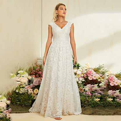 Vestido de noche de encaje de verano con cuello en V, corte entallado, vestido blanco de línea A, vestido de mujer adulta como dama