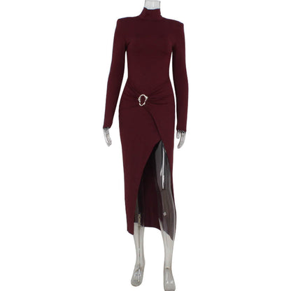 Vestido de otoño para mujer, cuello alto, manga larga, cintura alta, sexy, ajustado, con abertura y bolso de cadera