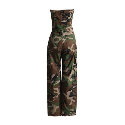 Mono de mujer con estampado de camuflaje personalizado y a la moda, estilo bandeau, ajustado, ropa de trabajo adelgazante, pantalones casuales para mujer