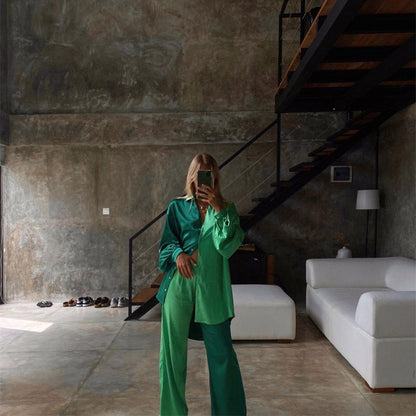 Spring Summer Satin Two Piece Set Colorblock Women Clothing Oversized Shirt Casual Straight Pants Set
