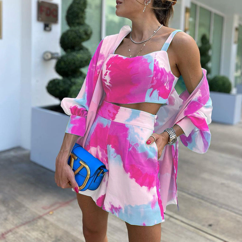 Conjunto de tres piezas con estampado tie-dye de color informal para mujer, primavera y verano
