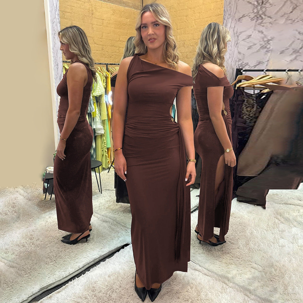Vestido de mujer primavera verano ajustado cuello diagonal sin mangas abertura color sólido