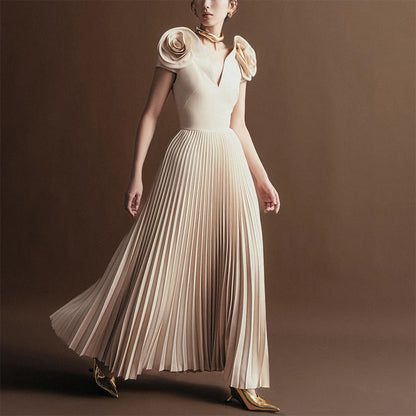 Vestido formal floral grande de alta sociedad 2025, sexy, con escote en V y cintura alta, plisado, para mujer