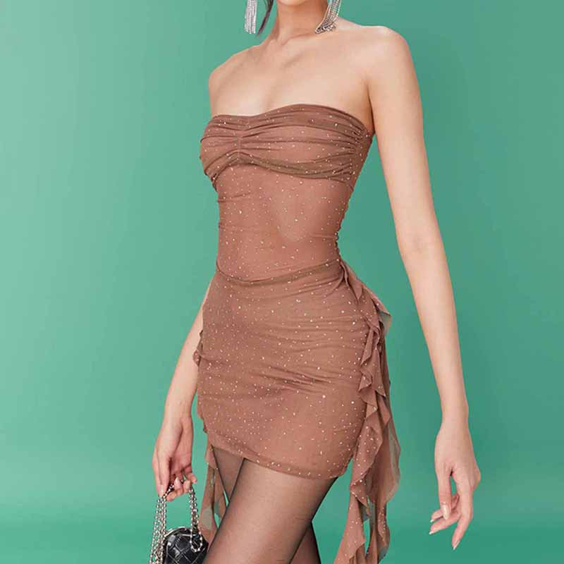 Vestido sexy de otoño con parte superior de tubo y diamantes de imitación estrellados, de malla transparente y con cinta para mujer