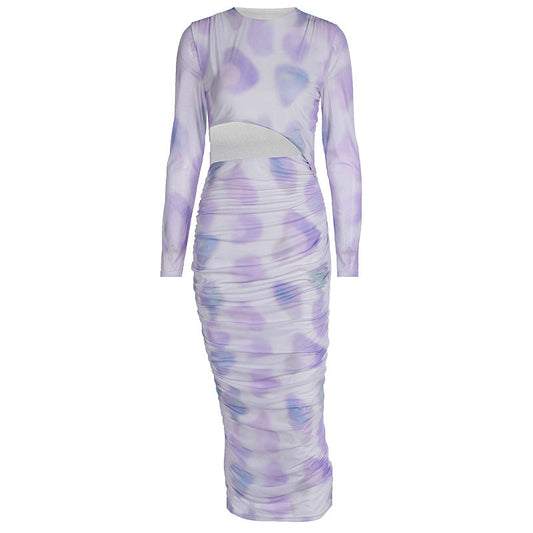 Women Clothing Autumn Winter Personalized Printing Gradient Color Hollow Out Cutout Long Sleeve Dress Women