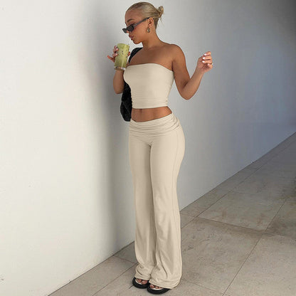 Ropa de mujer Otoño Color sólido Top tubo Pantalones acampanados Traje ajustado para mujer