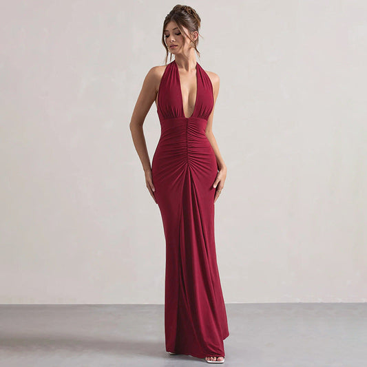 Vestido elegante de otoño ajustado con escote en V y cuello halter plisado para adelgazar.