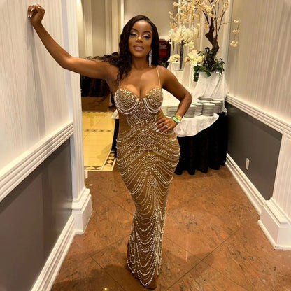 Vestido de noche sexy con tirantes y cristales de burbujas para mujer