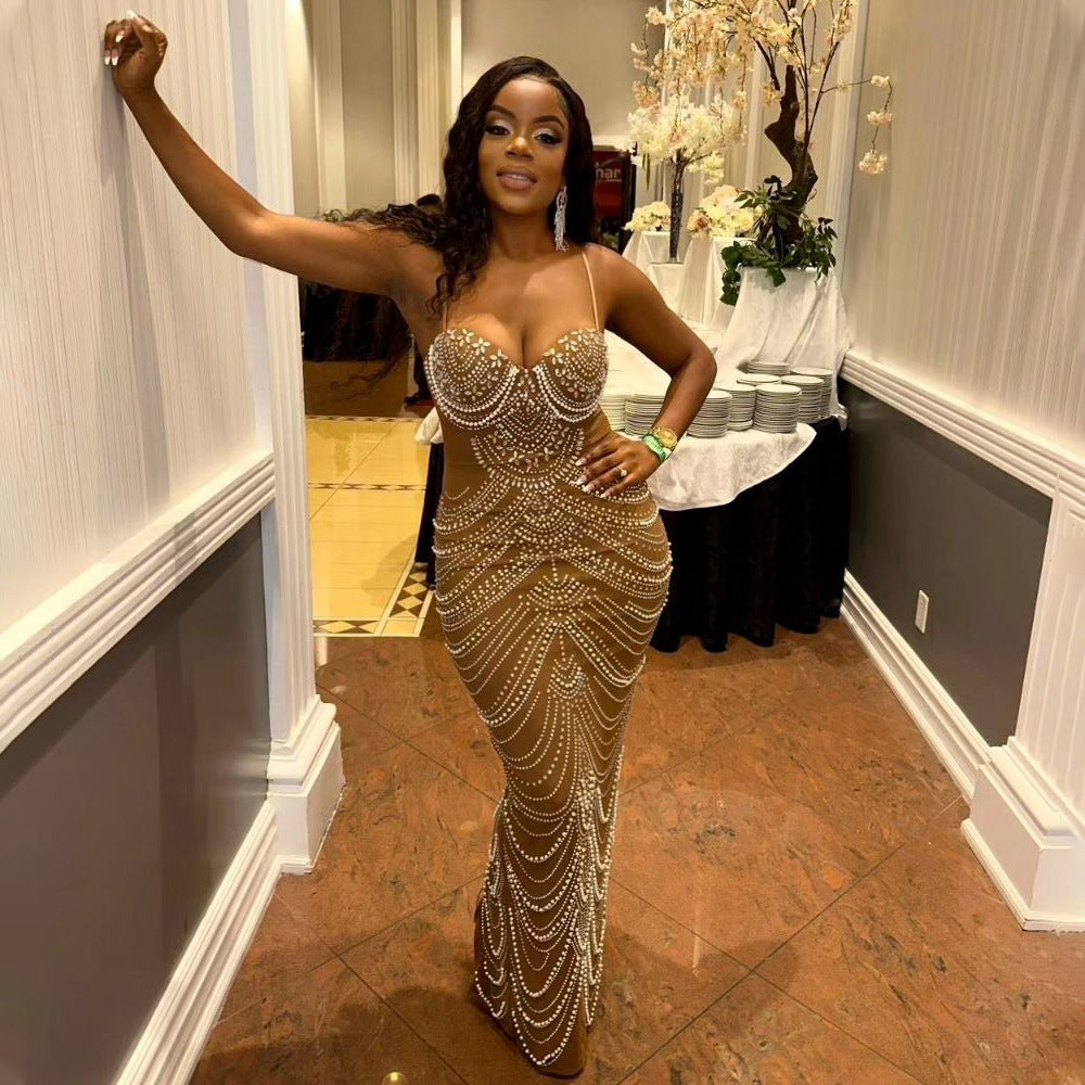 Vestido de noche sexy con tirantes y cristales de burbujas para mujer