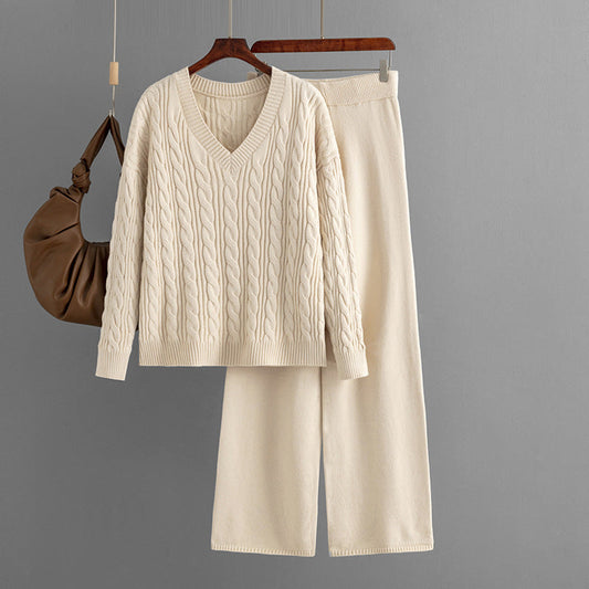 Pantalones anchos de moda, suéteres, ropa de mujer, otoño invierno, traje de dos piezas para mujer, traje de punto con cuello en V torcido