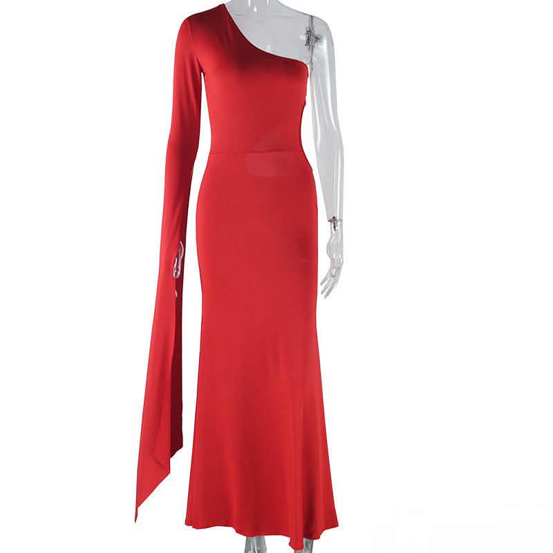 Vestido de mujer de color liso, sexy, con hombros descubiertos, sin mangas, con mangas acampanadas, con aberturas y corte elegante.