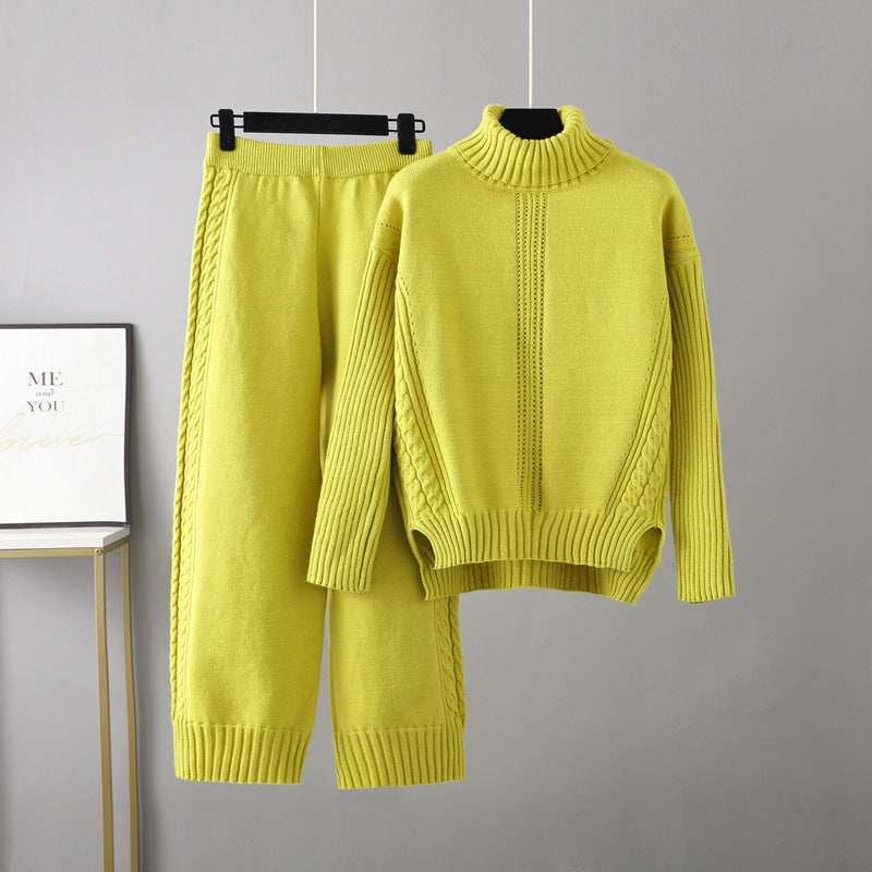 Conjunto informal de jersey de cuello alto y tejido grueso para mujer, pantalones anchos y sueltos de pierna ancha para otoño e invierno, dos piezas