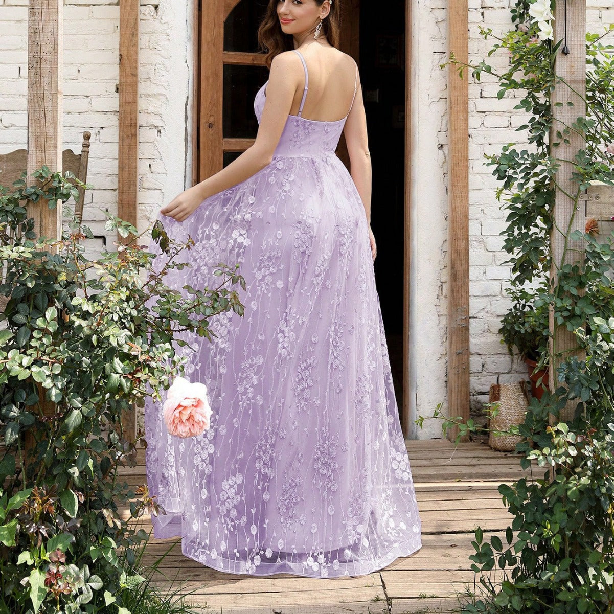 Vestido de noche con escote en V y tirantes, de malla bordada, sin espalda, elegante, para baile, fiesta, dama de honor.