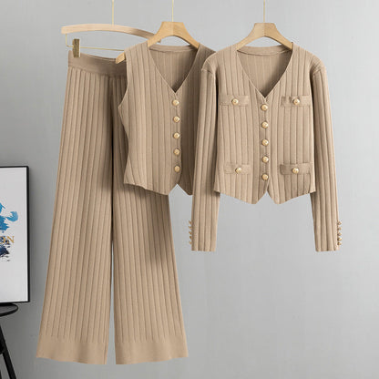 Conjunto de tres piezas de suéter y pantalones de pierna ancha Chanel de corte entallado coreano para mujer, chaleco de punto para primavera y otoño