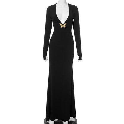 Vestido elegante de verano para mujer, de color liso, con escote en V profundo y cintura alta, con cola de pez