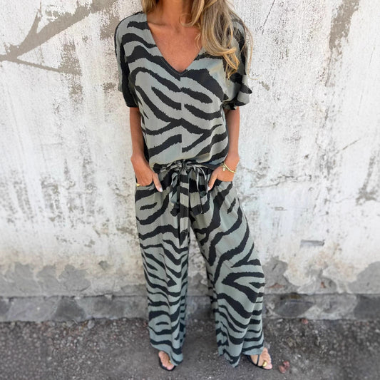 Conjunto de dos piezas con estampado de cebra, cuello en V, top con cordones y pantalones de pierna ancha para primavera y verano