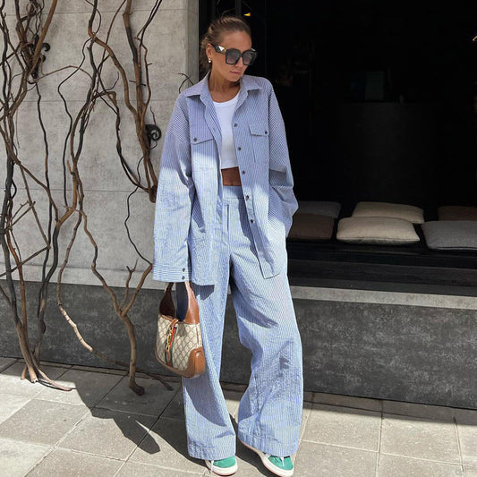 Camisa de rayas azules con cuello, manga larga, pantalones anchos, traje holgado para mujer