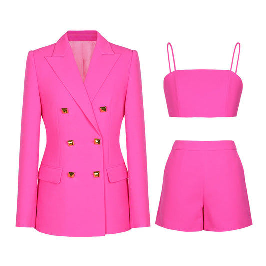 Traje de tres piezas con tirantes y pantalones cortos para mujer, de oficina, de alta calidad, para primavera y otoño