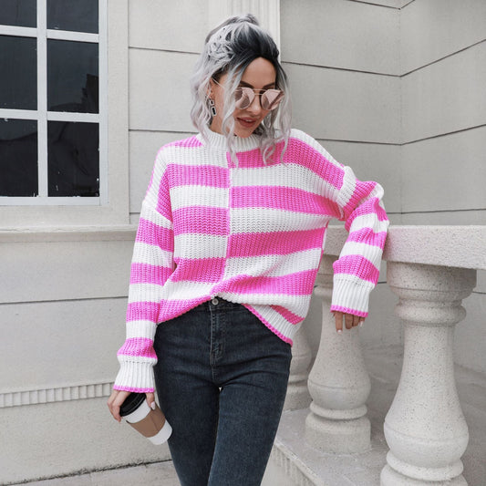 Suéter a rayas para mujer, suéter holgado de punto informal de manga larga para otoño e invierno.