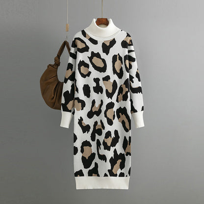 Vestido de punto con cuello alto y estampado de leopardo para mujer, otoño e invierno