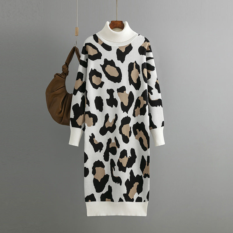 Vestido de punto con cuello alto y estampado de leopardo para mujer, otoño e invierno