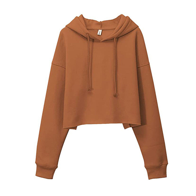 Women Sports Sweatshirt Autumn Winter Fleece-Lined Pullover Hoodie Personalized Bare Cropped Long Sleeved Top