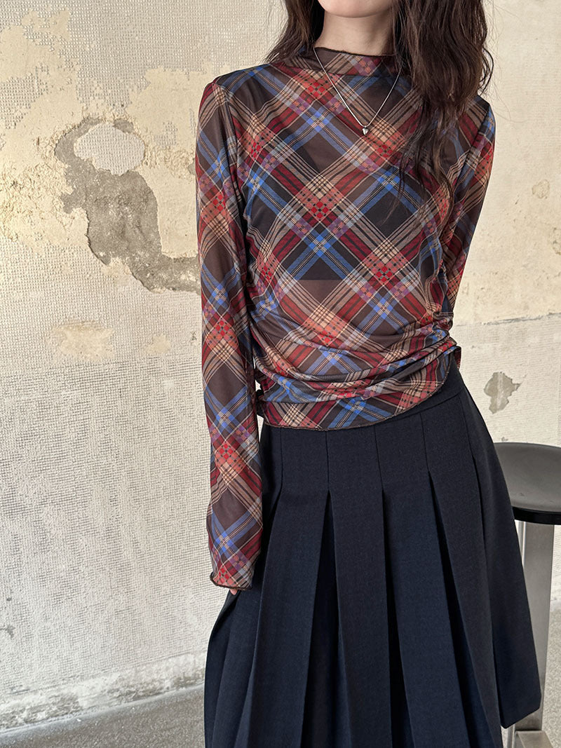 Camiseta de malla a cuadros para mujer, top sexy plisado con cintura ajustada y adelgazante para primavera