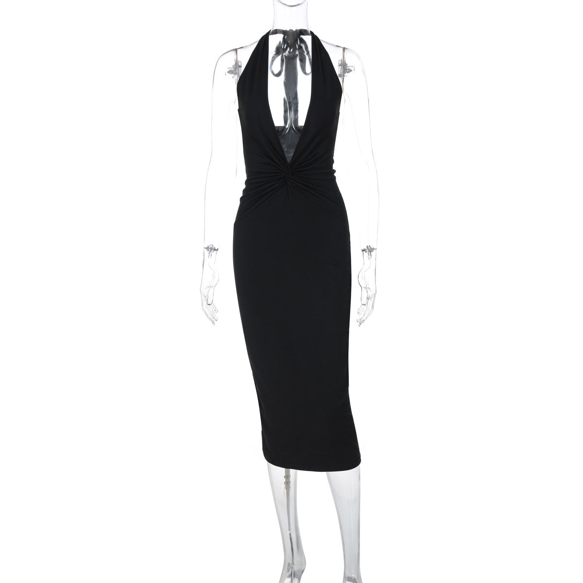 Vestido sexy de corte en V profundo con escote pronunciado, sin mangas, de color liso, sin espalda, de calle, de longitud media, estilo halter, para mujer