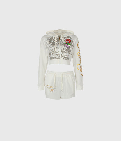 Conjunto de dos piezas para mujer, cárdigan corto básico con cremallera y estampado de calavera y corazón de Brand Street, pantalones rectos de cintura alta