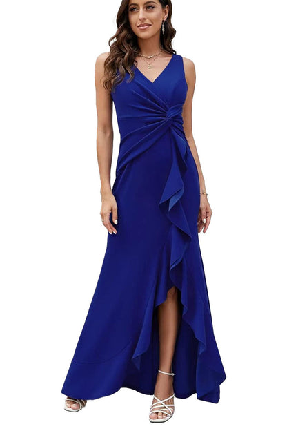 Vestido de noche largo elegante con volantes, abertura y corte entallado sin mangas y escote en V