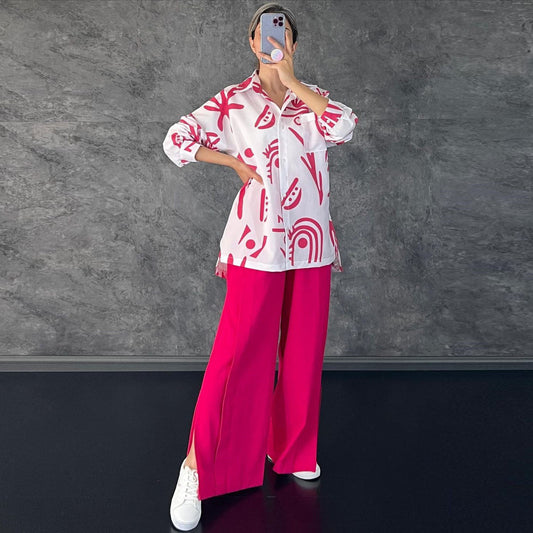 Conjunto de ropa informal para mujer, camisa estampada de manga larga, cintura alta, abertura y pantalones de pierna ancha.