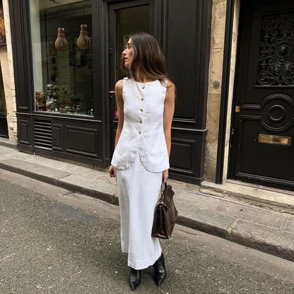 Chaleco blanco sin mangas con cuello cuadrado y falda de cintura alta, traje de alta costura para mujer