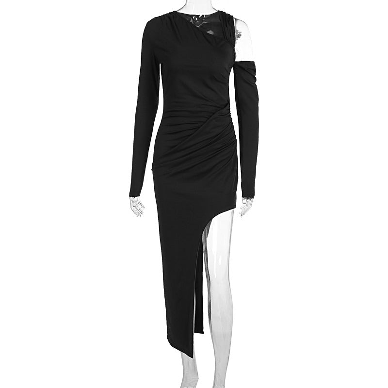 Vestido ajustado de color liso con hombros oblicuos y personalidad sexy para mujer de otoño e invierno